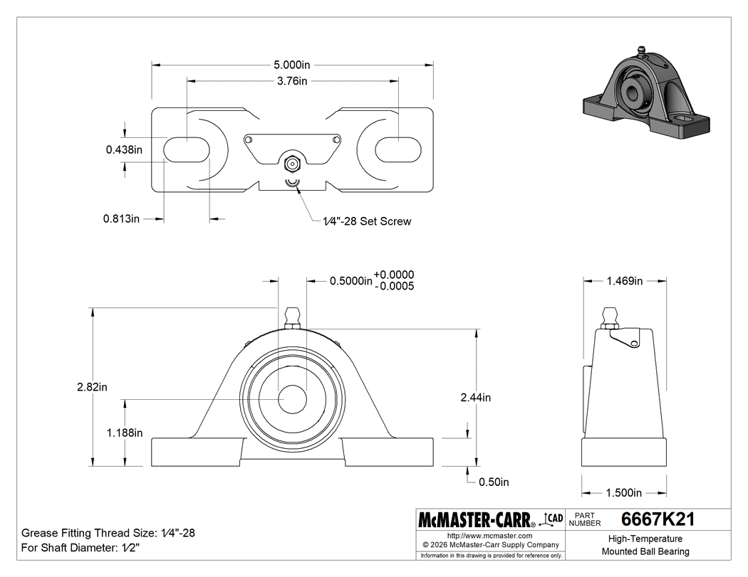 Technical Drawing of High-Temperature Mounted Ball Bearing, with Synthetic Grease, for 1/2" Shaft Diameter.